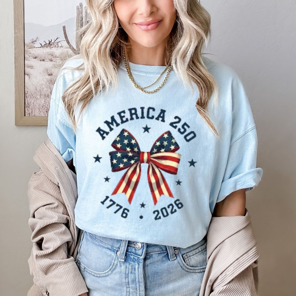 America 250 Stars and Stripes Bow T-Shirt – Coquette Patriotic Graphic Tee