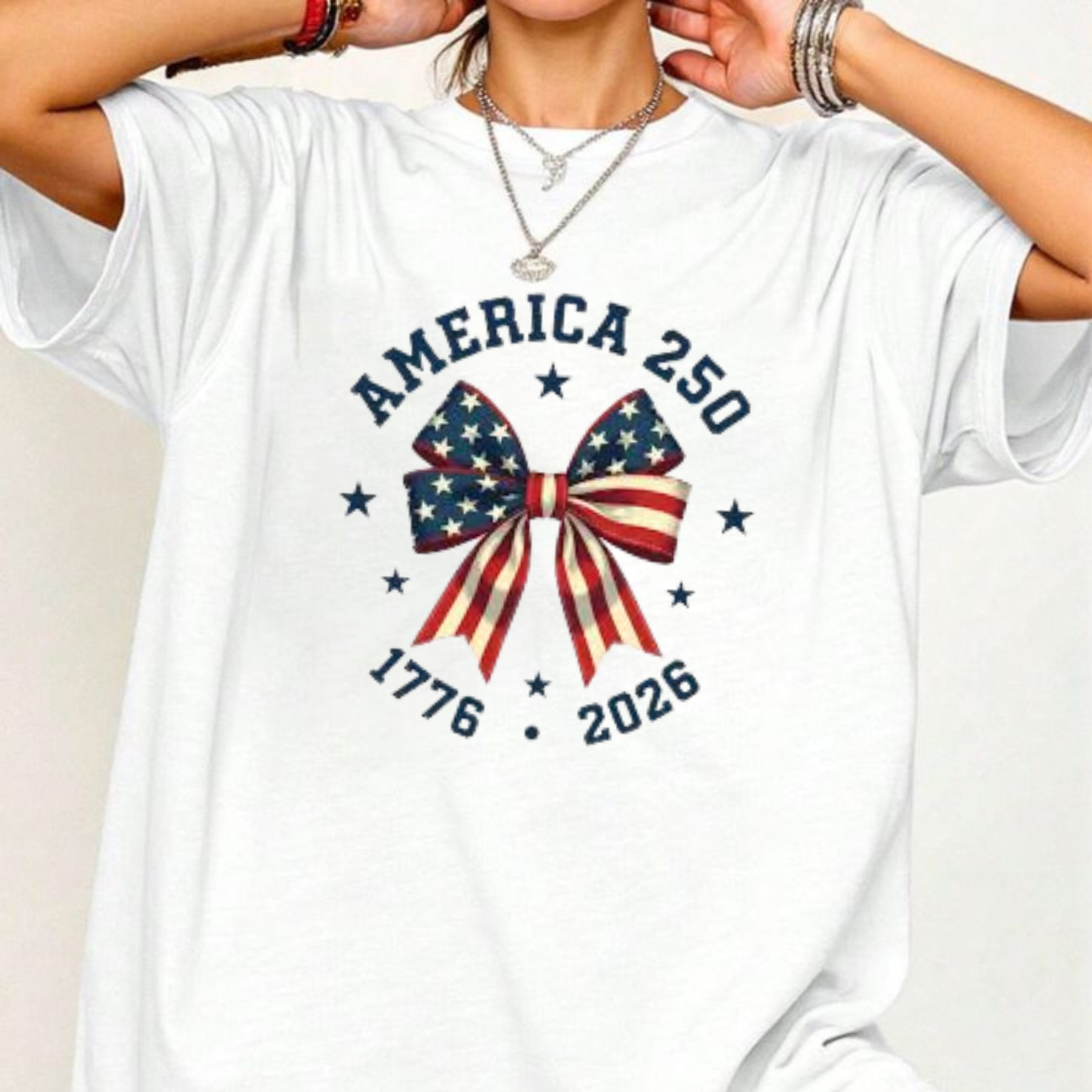 America 250 Stars and Stripes Bow T-Shirt – Coquette Patriotic Graphic Tee
