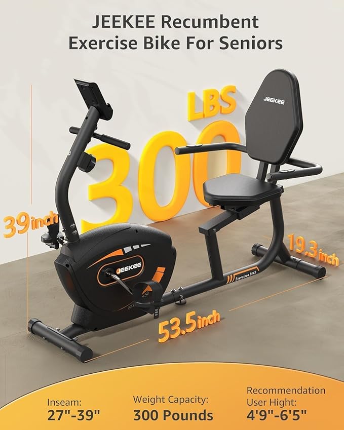 JEEKEE Recumbent Exercise Bike for Seniors,Stationary Bikes for Home, 300LB Capacity & 16 Levels Magnetic Resistance, Heart Rate Handle