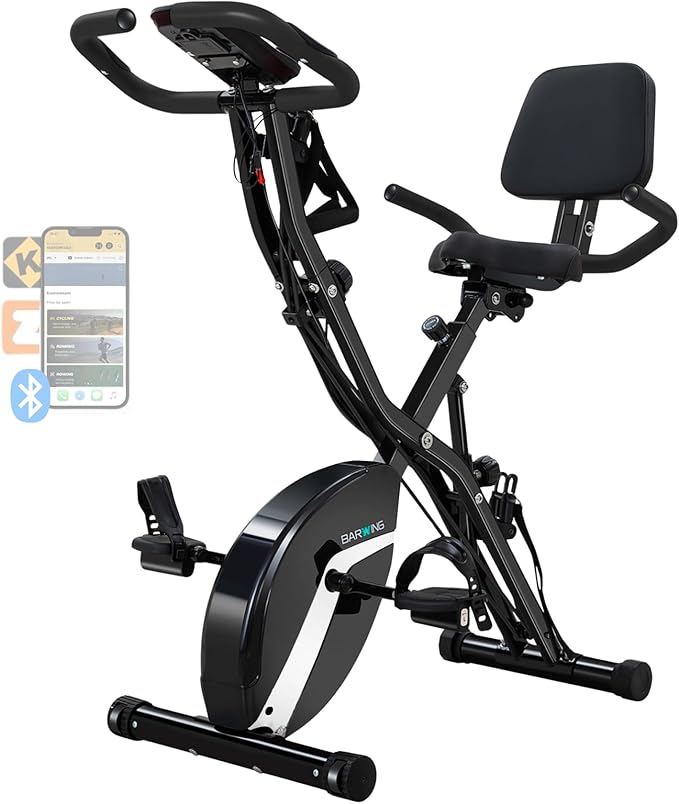 BARWING Stationary Exercise Bike for Home Workout, 5 IN 1 Foldable Indoor Cycling Bike for Seniors, 350LB Capacity, 16-Level Magnetic Resistance, Seat Backrest Adjustments