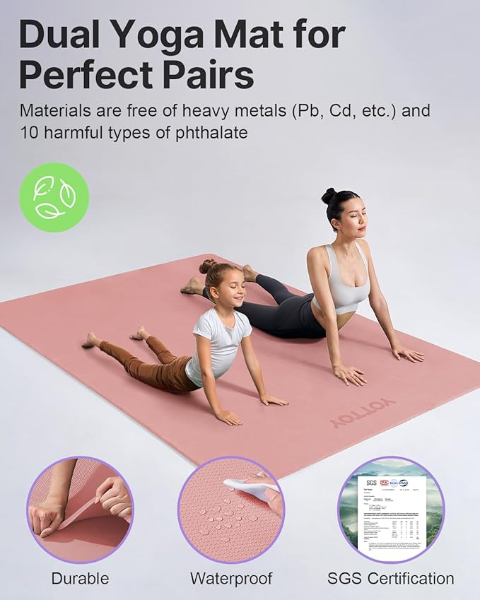YOTTOY Large Yoga Mat (75 * 52 * 1/2inch),Extra Wide TPE Exercise Mat,Non-Slip Workout Mat for Pilates, Fitness, Barefoot, Home Gym Studio with Strap and Towel