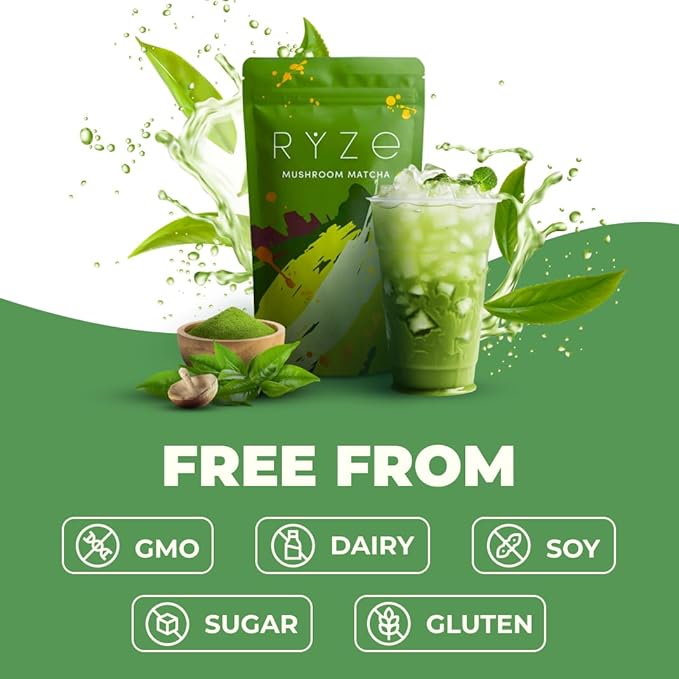 RYZE SUPERFOODS Mushroom Matcha, USDA Organic with 6 Adaptogenic Mushrooms and Ceremonial-Grade Matcha for Energy, Focus, Digestion, Immunity with Turkey Tail, Shiitake, Lion's Mane, 30 servings