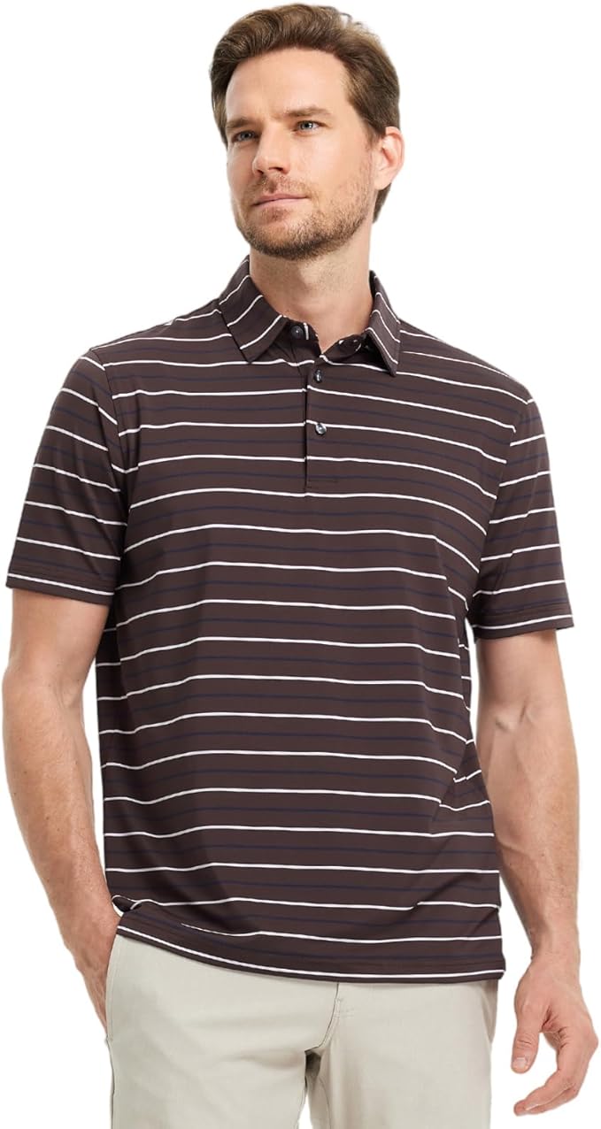 Rouen Mens Golf Shirt Moisture Wicking Dry Fit Performance Stripe Casual Collared Short Sleeve Golf Polo Shirts for Men