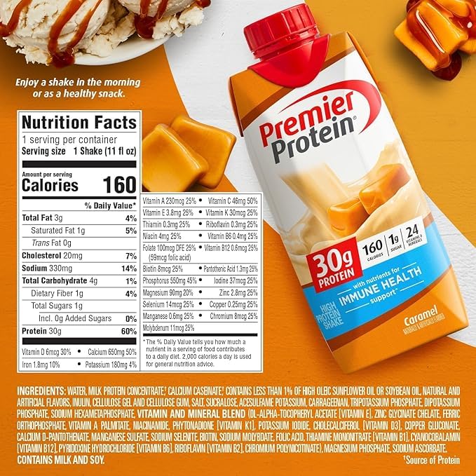 Premier Protein Shake, Caramel, 30g Protein, 1g Sugar, 24 Nutritents & Minerals to Support Immune Health, 11 Fl oz, Pack of 12