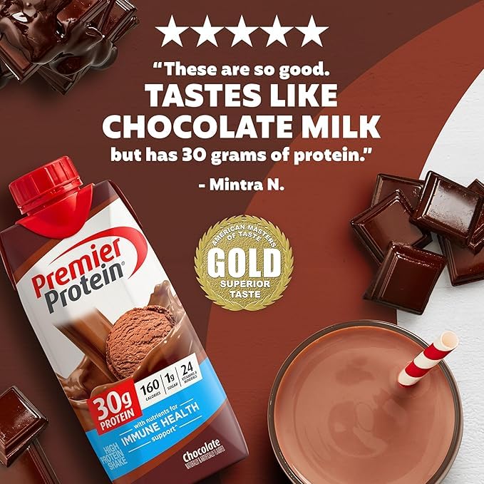 Premier Protein Protein Shake, Chocolate, 30g Protein, 1g Sugar, 11 fl oz Pack of 12