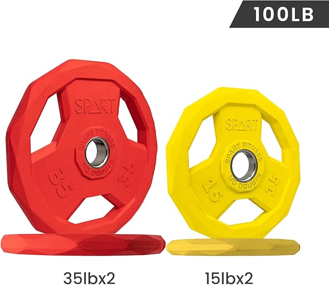 SPART Color Coded Weight Plate 2-Inch Rubber Coated Olympic Grip Plate for Barbell, Solid Cast Iron Weight Plates for Strength Training, Weightlifting, Crossfit, Home Gym, 2.5LB/5LB/10LB/25LB/35LB/45LB, Pair