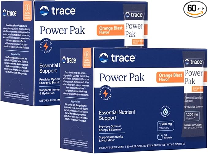 Trace Minerals | Power Pak Electrolyte Powder Packets | 1200 mg Vitamin C, Zinc, Magnesium | Boost Immunity, Hydration and Natural Energy | Orange Blast | 60 Packets