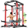 Power Cages Multi-Purpose Squat Rack with Cable Crossover System, Matching Weight Bench, Olympic Barbell Weight Set for Garage and Home Gyms