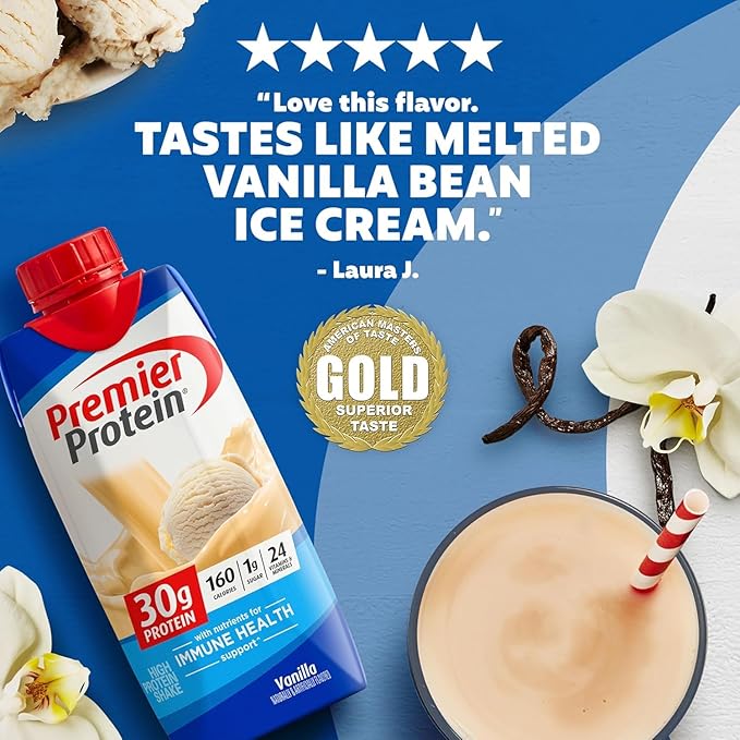 Premier Protein Protein Shake, Vanilla, 30g Protein, No Added Sugar, 11 fl oz Pack of 12 (Packaging May Vary)