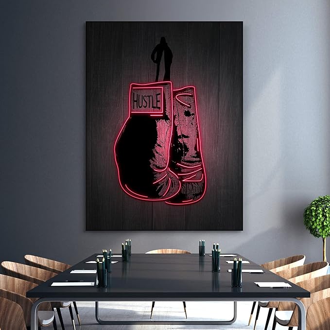 Boxing Gloves Neon Canvas Print Motivational Canvas Print Wall Art Office Decor, Entrepreneur Motivation, Hustle Artwork, Boxing Neon Print, Fighter Gym Sign, Hustler Art Neon Sign (48" x 36")