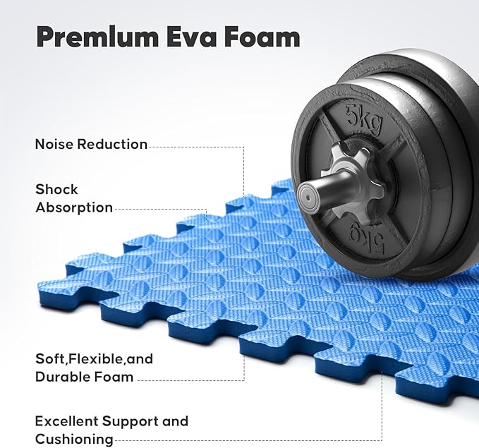 Home Gym Mat, Puzzle Exercise Mat, of EVA Interlocking Foam Floor Tiles for Home Workout Equipment and Kids' Play Areas - Blue, 24 in x 24 in x ½ in - 16 Tiles (Blue, 16 Pack 64 sq ft)