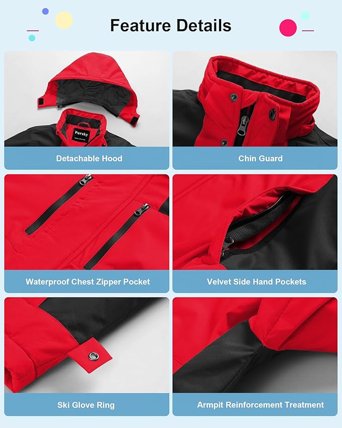Pursky Boy's Waterproof Ski Jacket Kids Winter Snow Coats Fleece Raincoats Parka