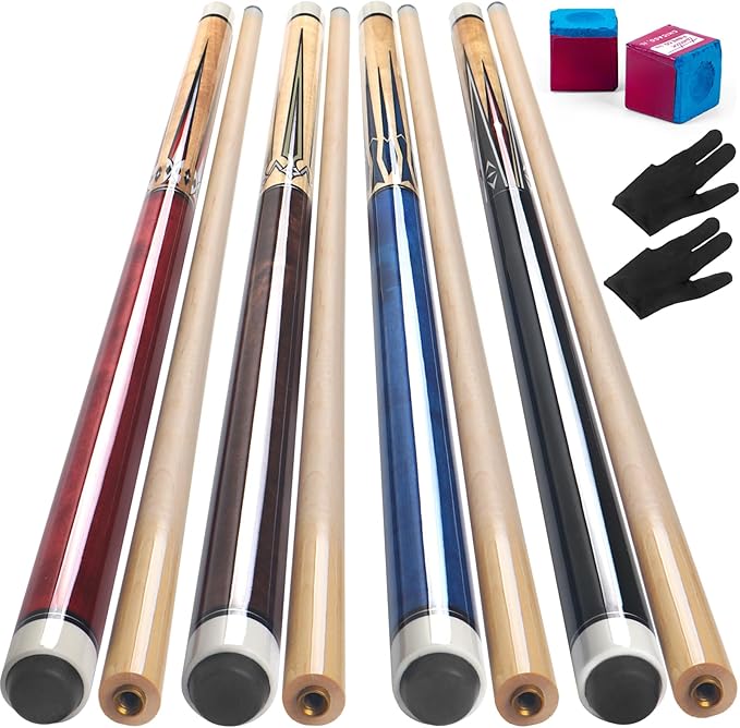 Pool Cue, 4 Pcs Pool Cue Stick 18 19 20 21 oz 4 Sets Cue Sticks 58 inch Pool Cues Adult Canadian Maple Wood Billiard Stick