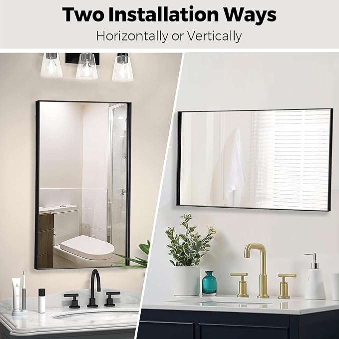 24x40 Inch Black Bathroom Mirror for Wall, Aluminum Frame Rectangle Rectangular Vanity Mirror, Modern Large for Bedroom, Living Room, Horizontal or Vertical