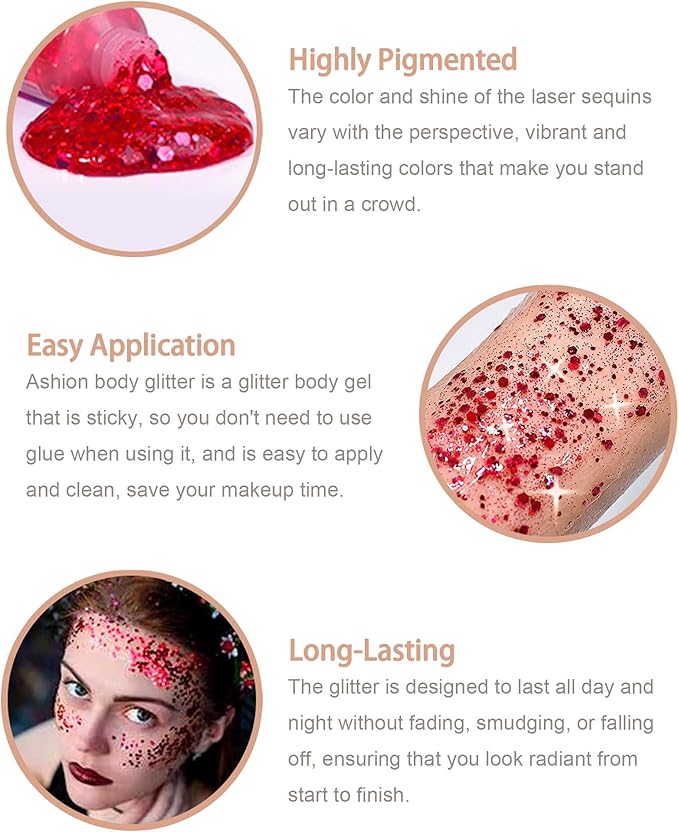 6PCS Red Face Body Glitter Gel，Holographic Chunky Sequins Body Glitter Paint for Party Singer Concerts Music Festival Rave Accessories for Girls Women Face Body DIY Sparkling Makeup