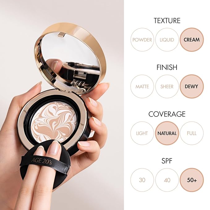 AGE20'S Signature Essence Pact SPF 50+ | Pack of 2 | 25N SAND | Cream Foundation, Dewy Finish, Natural Coverage | Korean Cushion Foundation