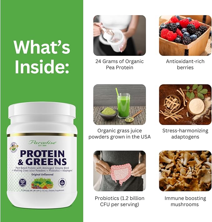 Paradise Herbs ORAC Energy Protein & Greens Powder, Antioxidant Power of 24 Servings of Fruits & Vegetables in 1 Scoop + 20g Protein, Unflavored, 15 Servings