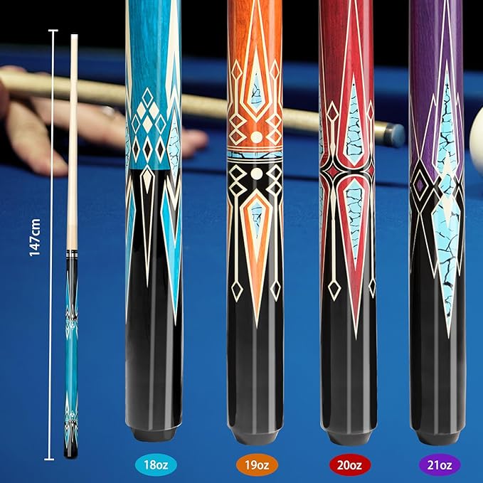 Pool Stick Set of 4, Pool Sticks for Adults, 58inch Billiard Cue Sticks with Maple Wood, Bar Billiard Cue Stick for Professional Billiard Players - 18oz, 19oz, 20oz, 21oz