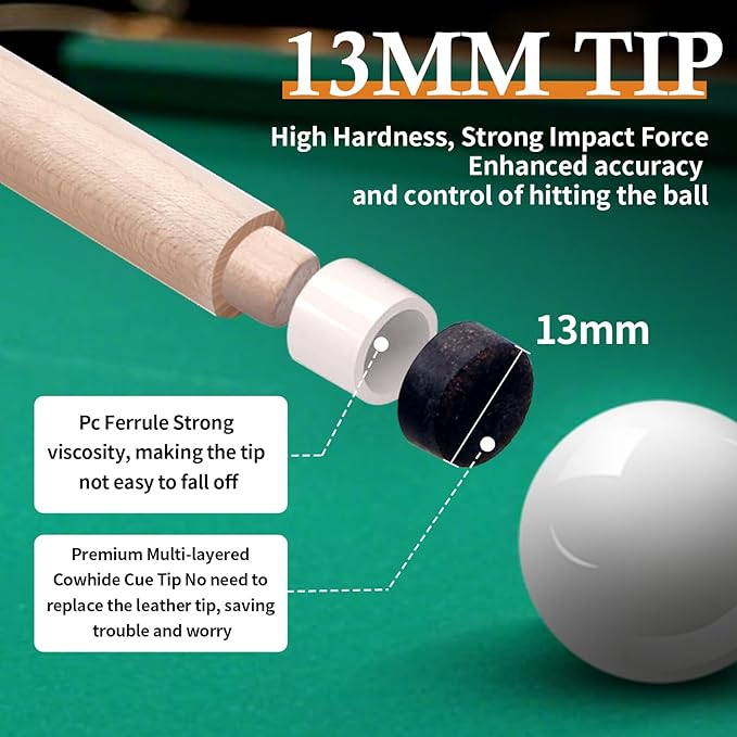 Kmise Pool Cue Stick Set, Canadian Maple 58 Inch 18 19 20 21oz 13mm Tips, New Upgraded Irish Linen Wire Grip Billiard Table Cues Sticks, 4 Colors Optional, W/Chalk, Gloves for Bar Professional Adults