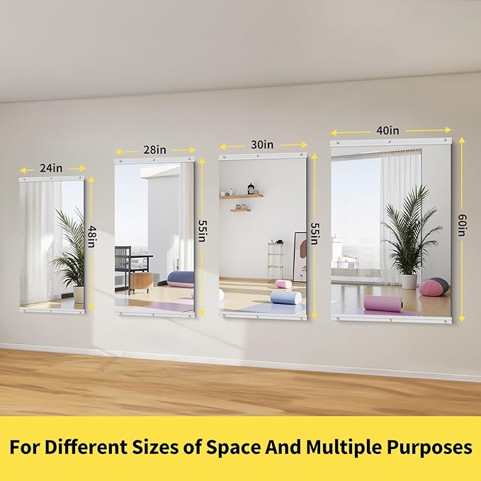 Home Gym Mirror - 48x24 Inch, 3PCS Frameless Tempered Glass Full Body Mirror for Wall Mount - Ideal for Yoga, Workout, Bedroom, Dance Studio (Silver)