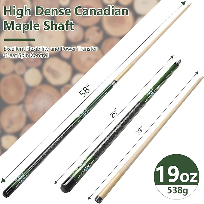 Billiard Cues Stick, 58" Pool Cues Canadian Maple Wood Leather Pattern Grip 18 19 20 21 oz Pool Cue Stick for Bar House Pool Table Sports