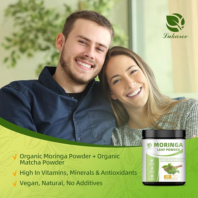 Organic Moringa Powder & Matcha Powder, Multi-Green Superfoods with Green Tea Resveratrol - Energy and Digestive Support, Rich in Antioxidants and Vitamin A D3 E B6 B12 Calcium, Non-GMO, Vegan, 16 oz