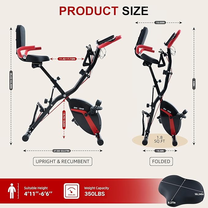 BARWING Stationary Exercise Bike for Home Workout, 5 IN 1 Foldable Indoor Cycling Bike for Seniors, 350LB Capacity, 16-Level Magnetic Resistance, Seat Backrest Adjustments
