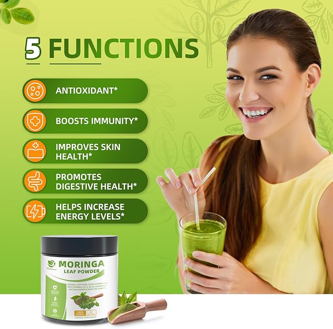 Organic Moringa Powder & Matcha Powder, Multi-Green Superfoods with Green Tea Resveratrol - Energy and Digestive Support, Rich in Antioxidants and Vitamin A D3 E B6 B12 Calcium, 5.64 oz 2 Pack