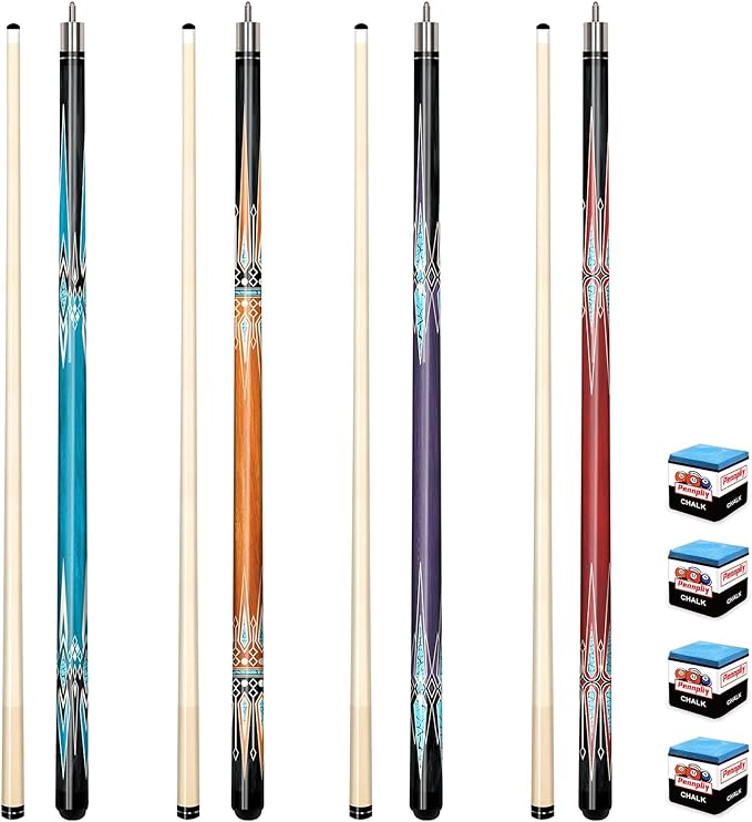 Pool Stick Set of 4, Pool Sticks for Adults, 58inch Billiard Cue Sticks with Maple Wood, Bar Billiard Cue Stick for Professional Billiard Players - 18oz, 19oz, 20oz, 21oz