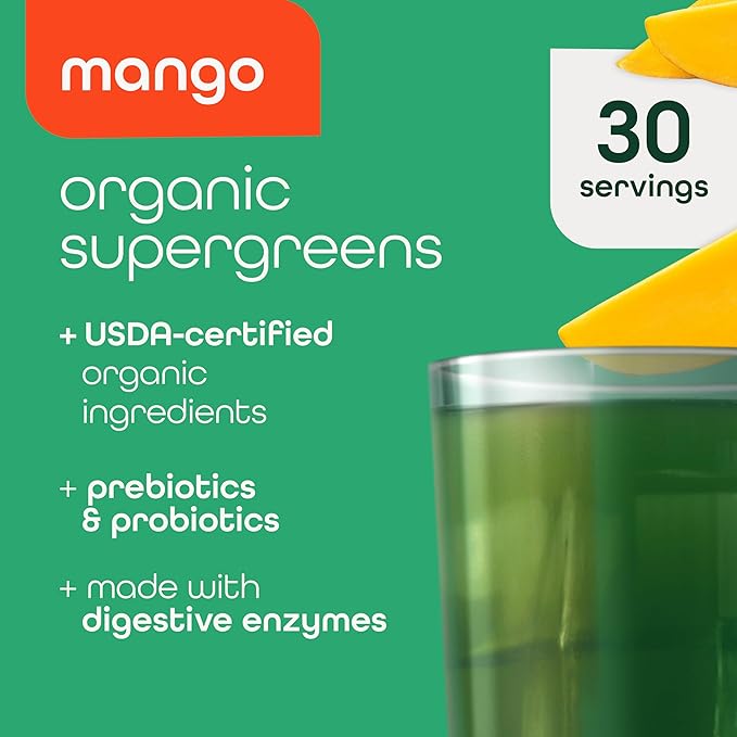 Zena Nutrition Organic Super Greens Powder, 70+ Superfoods, 0 Sugar, 3G Fiber, Spirulina, Chlorella, Antioxidants, Prebiotics/Probiotics, Digestive Enzymes, Mango, 30 Servings