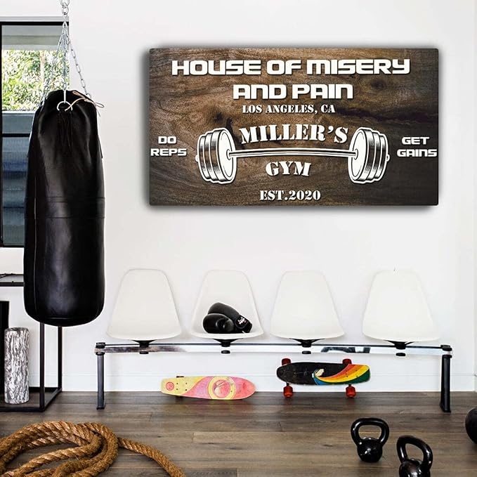 Tailored Canvases Personalized Gym Sign Wall Art Decor - Motivational Canvas for Home Gym, Workout Room, Garage, Fitness Center - Workout Inspirational Posters - House of Misery and Pain, Wooden 60x30in
