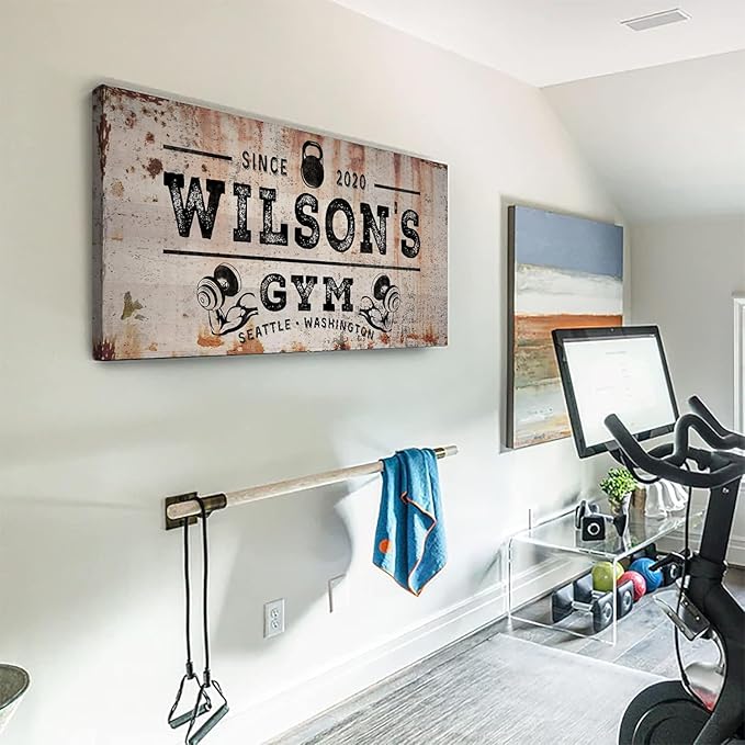 TAILORED CANVASES Personalized Gym Sign Wall Art Decor - Motivational Canvas s for Home Gym, Workout Room, Garage, Fitness Center - Workout Inspirational Posters - Kettlebell on Rustic, 48x16in