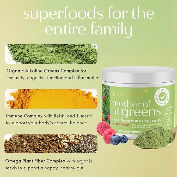 Boobie Mother of All Greens | Your New Family Ritual, Daily Super Greens Powder with 35+ Essential Nutrients for Moms & Families | Vegan, Gluten Free, & Sugar Free | Mixed Berry Flavor, 30 svgs
