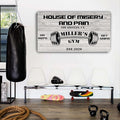 Tailored Canvases Personalized Gym Sign Wall Art Decor - Motivational Canvas for Home Gym, Workout Room, Garage, Fitness Center - Workout Inspirational Posters - House of Misery and Pain, White Wood 48x16in