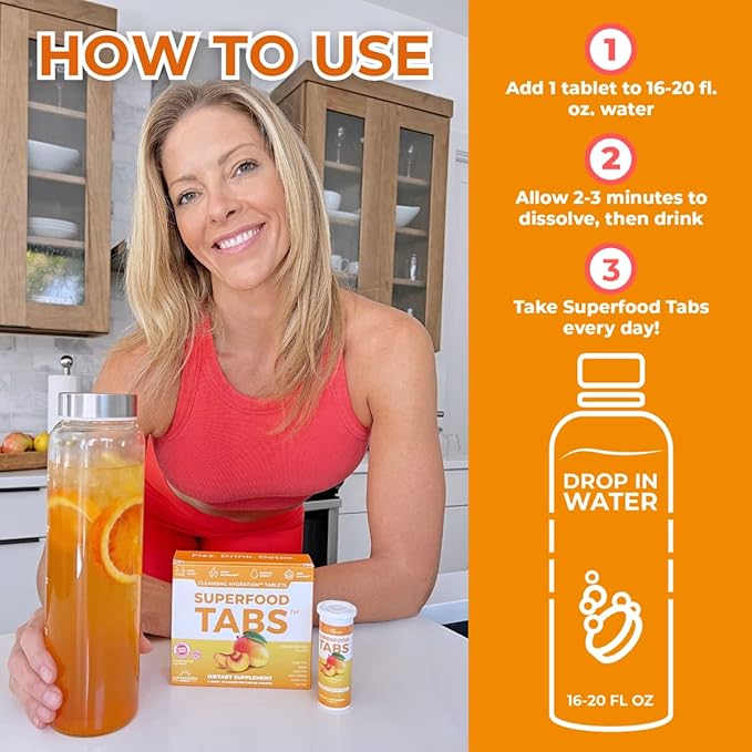 skinnytabs Anti-Bloat Cleanse Drink with 15 Superfoods | Supports Digestion, Energy & Cravings | Vegan, Non-GMO | 30 Effervescent Tabs – Peach Mango Flavor