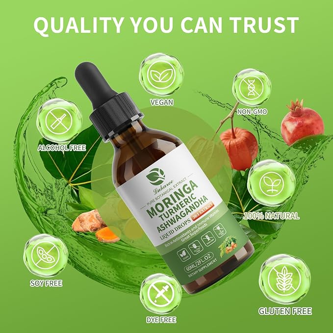 12-in-1 Lipsomal Moringa Leaf Drops with Ashwagandha Turmeric Quercetin, 98% Absorption & 30:1 Pure Moringa Extract for Energy Immune Joint Digestive Support, Vegan Non-GMO Gluten-Free