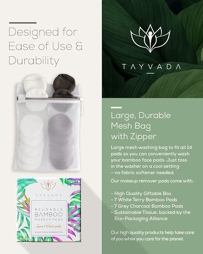 Luxury Bamboo Reusable Makeup Remover Pads, USA Brand (14 Pack), Four Layer Face Pads with Pocket - Reusable Bamboo Face Pads - Eco-Conscious Makeup Remover Pads - Includes Mesh Washing Bag (White)