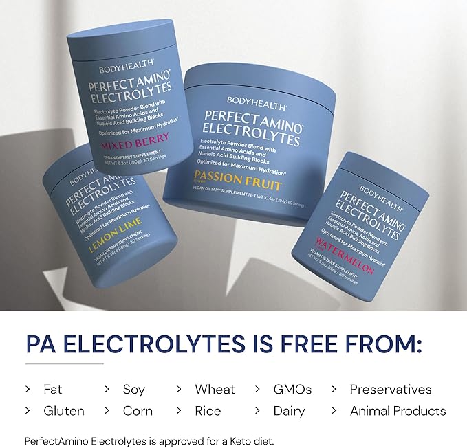 BodyHealth PerfectAmino Electrolyte Powder No Sugar, Hydration Fasting Keto Zero Sugar Electrolytes Drink Mix with Trace Minerals - Lemon Lime - 60 Servings