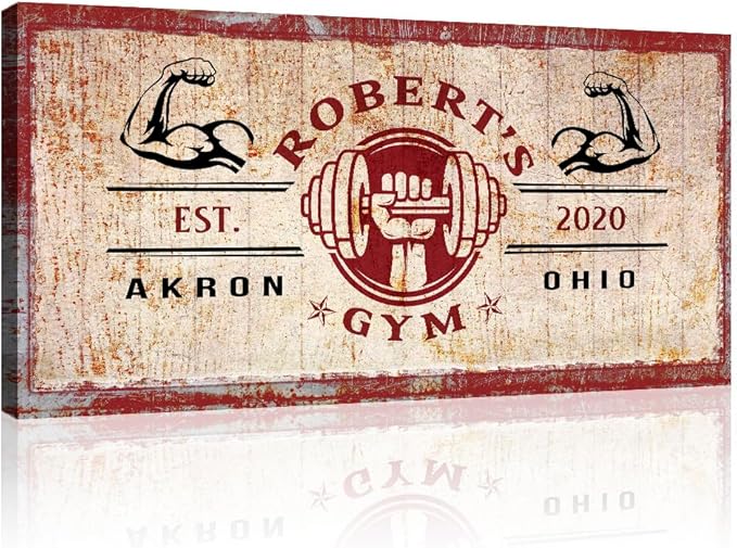 Tailored Canvases Personalized Gym Sign Wall Art Decor - Motivational Canvas for Home Gym, Workout Room, Garage, Fitness Center - Workout Inspirational Posters - One Hand Dumbbell on Rustic Red, 48x24in