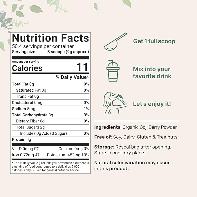 Organic Goji Powder, 16 Ounces | 100% Natural Fruit Source | Sulfate & Additive Free | Great Flavor for Drinks, Snacks, & Beverages | Non-GMO & Vegan