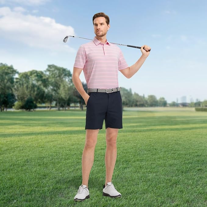 Rouen Mens Golf Shirt Moisture Wicking Dry Fit Performance Stripe Casual Collared Short Sleeve Golf Polo Shirts for Men
