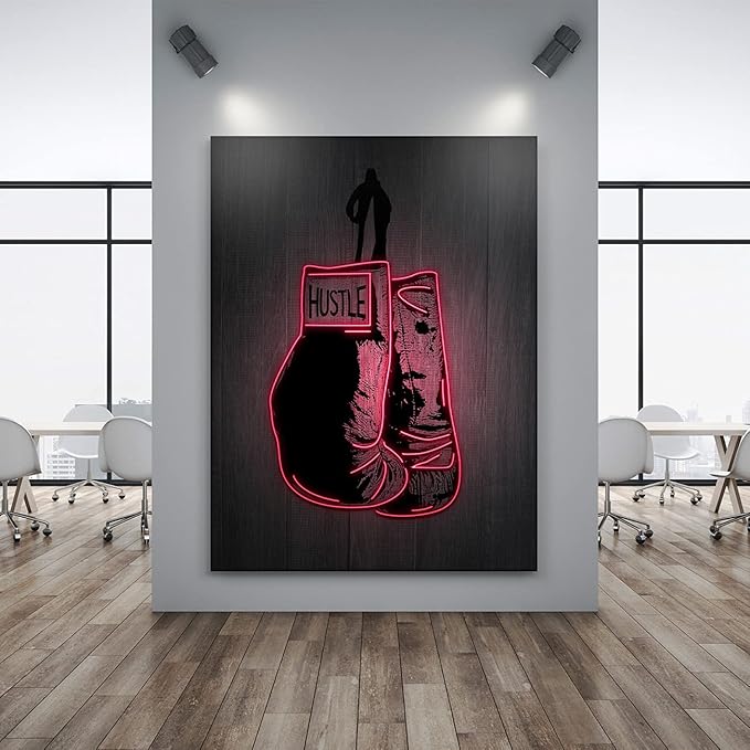 Boxing Gloves Neon Canvas Print Motivational Canvas Print Wall Art Office Decor, Entrepreneur Motivation, Hustle Artwork, Boxing Neon Print, Fighter Gym Sign, Hustler Art Neon Sign (48" x 36")