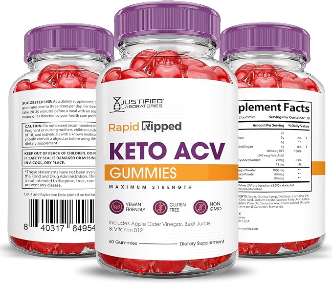 Justified Laboratories Rapid Ripped Keto ACV Gummies Advanced Formula 1000MG Rapidripped Keto Gummies Apple Cider Vinegar Formulated with Pomegranate Beet Juice Powder B12 Vegan Non GMO 300 Gummys