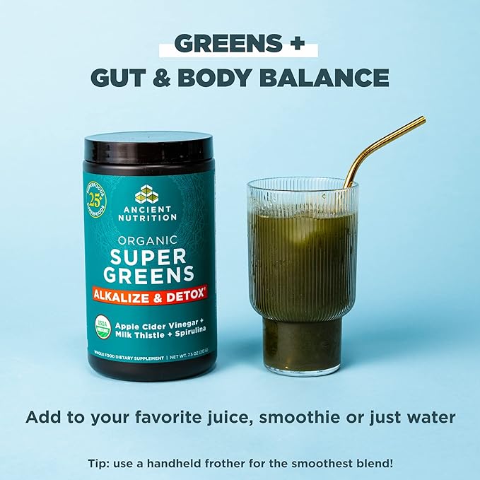 Supergreens Alkalize & Detox Powder by Ancient Nutrition, Organic Superfood Powder Made from Real Fruits, Vegetables and Herbs, for Digestive and Energy Support, 25 Servings, 7.5oz