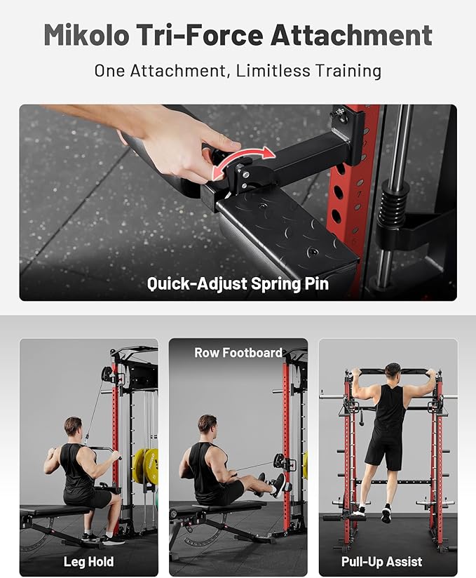 Mikolo Smith Machine, 2200lbs Squat Rack with LAT-Pull Down System & Cable Crossover Machine, Training Equipment with Leg Hold-Down Attachment