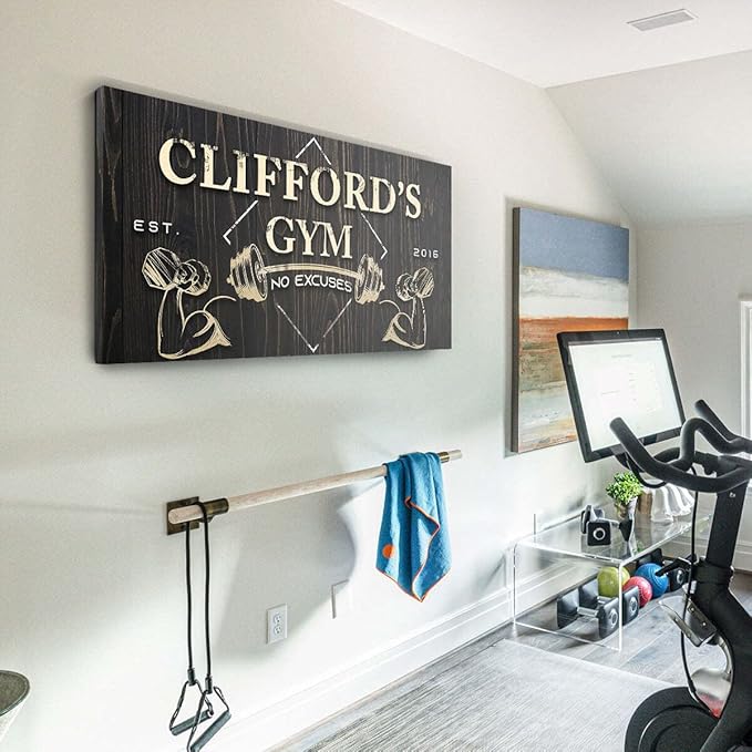 Tailored Canvases Personalized Gym Sign Wall Art Decor - Motivational Canvas for Home Gym, Workout Room, Garage, Fitness Center - Workout Inspirational Posters - Gym Name on Wooden Background, 36x12in