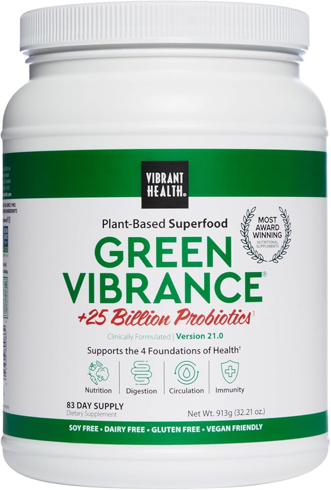 Vibrant Health, Green Vibrance, Includes 65 Plant-Based Superfoods, 25 Billion Probiotics, Fiber, Adaptogens & Enzymes, 83 Servings