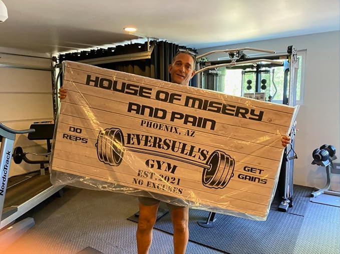Tailored Canvases Personalized Gym Sign Wall Art Decor - Motivational Canvas for Home Gym, Workout Room, Garage, Fitness Center - Workout Inspirational Posters - House of Misery and Pain, White Wood 48x16in