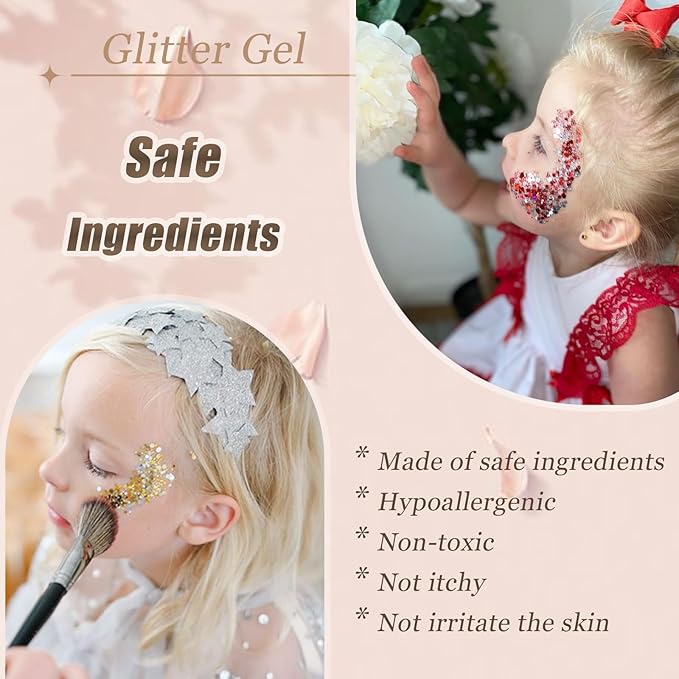 Face Body Glitter, Hair Glitter Sparkles Chunky Face Glitter Gel for Girls Makeup Singer Concerts Mermaid Festival Sequins Face Paint (Pink+Blue+Purple+Green+Rose)