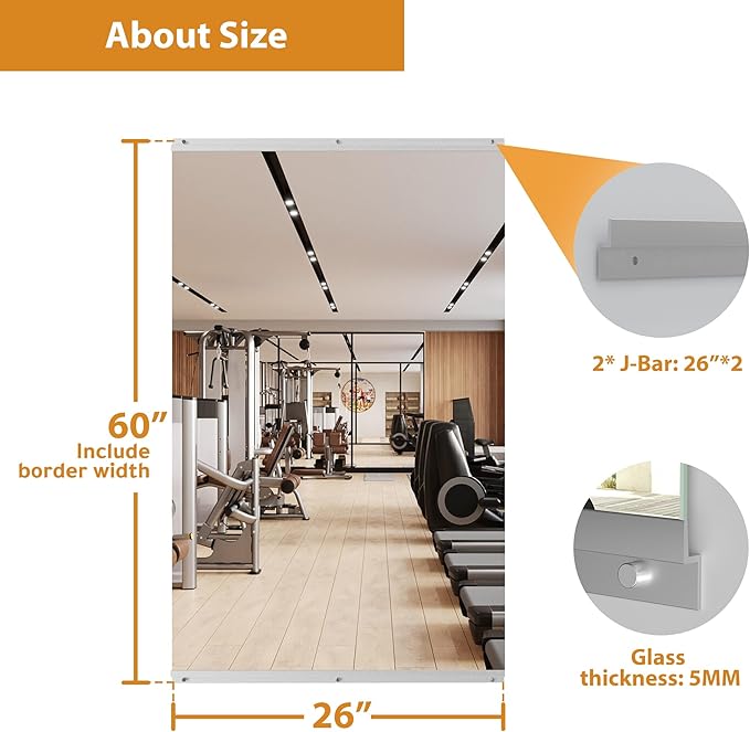 ROOMTEC Workout Mirrors for Home Gym 60"x26", Large Wall Mirror Full Length for Fitness, Yoga, Big Wall Mounted Frameless Glass Mirror for Garage, Dance Studio, Bedroom